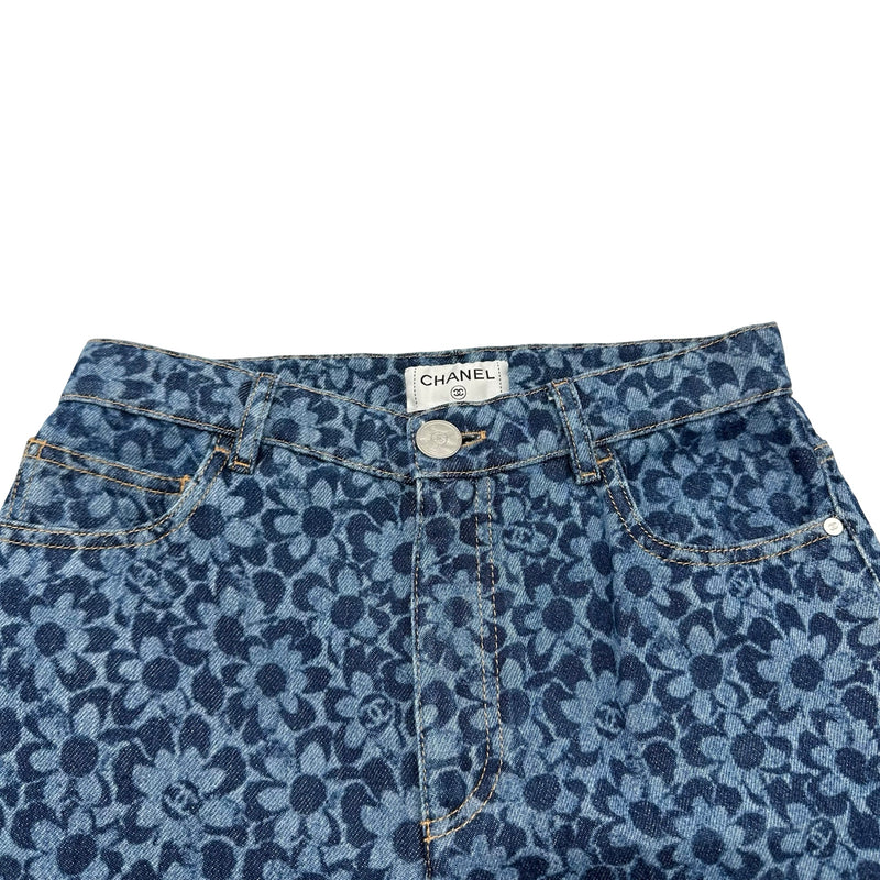 シャネル CHANEL カメリア総柄デニムパンツ P78117 ブルー コットン