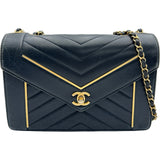 シャネル CHANEL シェブロンダブルチェーンショルダー 24番台 ネイビー ゴールド金具 ラム レディース ショルダーバッグ