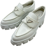 プラダ PRADA モノリス トライアングルロゴローファー ホワイト レザー レディース ローファー