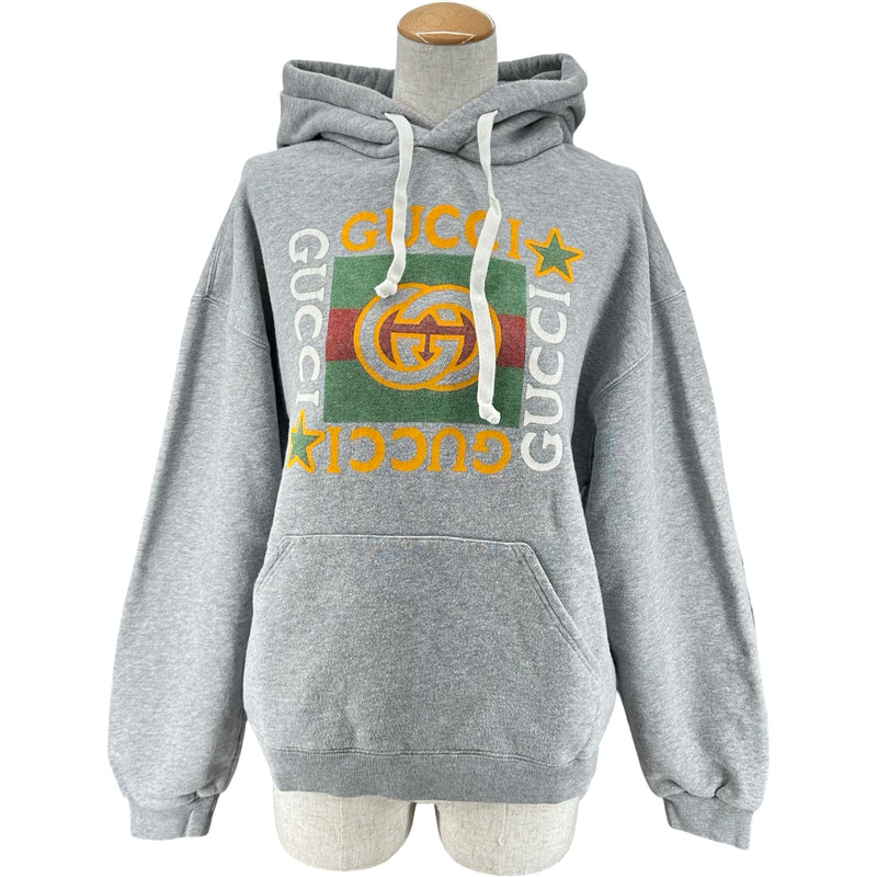 グッチ GUCCI ロゴプリントパーカーフーディー 605154 グレー コットン
