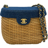 シャネル CHANEL ココマークカゴバッグ 5番台 ブラウン/ブルー ゴールド金具 ストロー/デニム レディース ショルダーバッグ