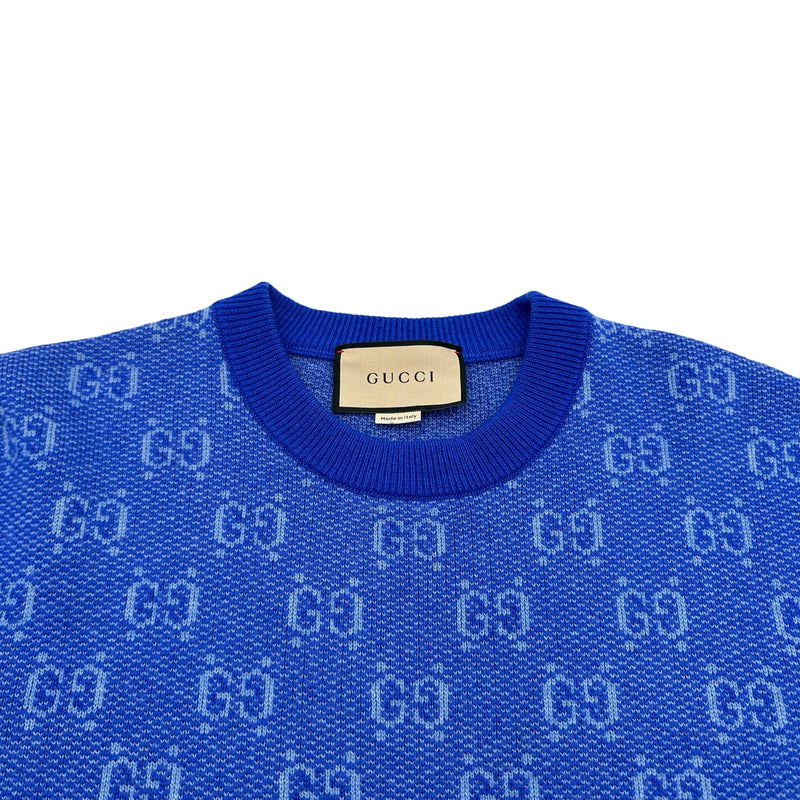 Ｋ　グッチ　GG柄　総柄　半袖ニット　セーター　ブルー　S グッチ GUCCI GG総柄ジャガードニットセーター 761549 ブルー ウール