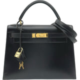 エルメス HERMES ケリー28 外縫い 〇W刻印 ブラック ゴールド金具 ボックスカーフ レディース ハンドバッグ ショルダーバッグ