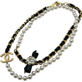 シャネル CHANEL カメリアリボンパール ロングネックレス ブラック メタル/フェイクパール/レザー アクセサリー