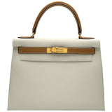 エルメス HERMES ケリー28 外縫い □B刻印 ホワイト/ナチュラル ゴールド金具 エバーグレイン/クシュベル レディース ショルダーバッグ