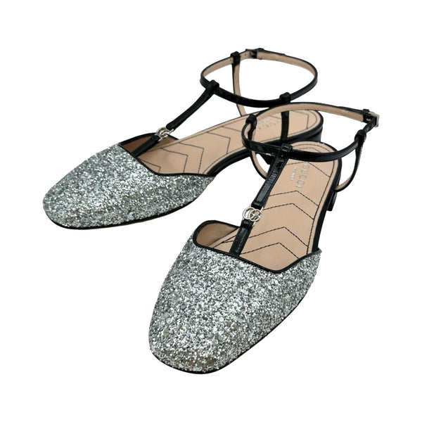 グッチ GUCCI GGグリッターストラップフラットパンプス シルバー