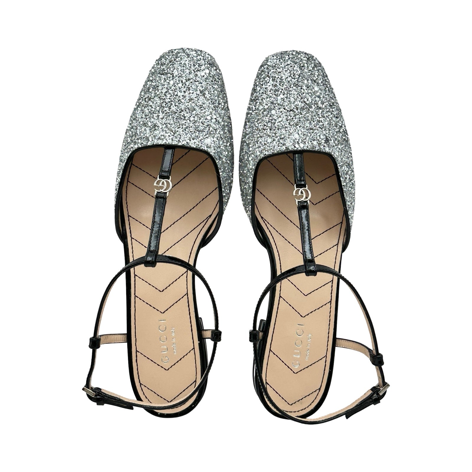 グッチ GUCCI GGグリッターストラップフラットパンプス シルバー