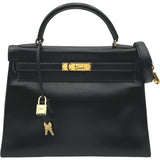 エルメス HERMES ケリー32 内縫い □B刻印 ブラック ゴールド金具 ボックスカーフ レディース ハンドバッグ ショルダーバッグ