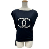 シャネル CHANEL ココマークパール半袖Tシャツ P70021 ネイビー コットン レディース 半袖Ｔシャツ