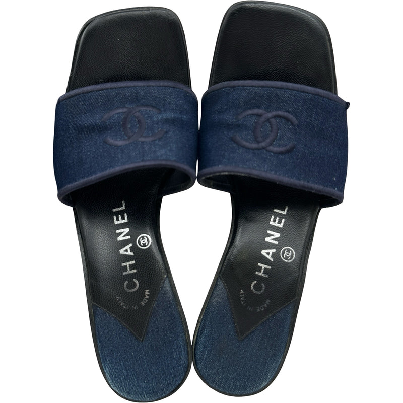 CHANEL シャネル デニム ミュール サンダル ココマーク チャンキーヒール シャネル CHANEL ココマークデニムミュールサンダル ネイビー デニム