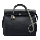 【本物】エルメス エールバッグMM 黒レザー×トワルアッシュ カデナ・鍵付 エルメス HERMES エールバッグMM □E刻 ブラック シルバー金具 トワル