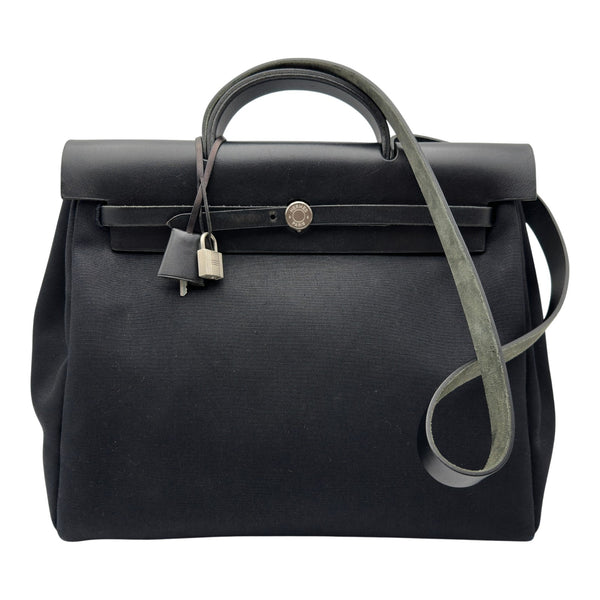 【本物】エルメス エールバッグMM 黒レザー×トワルアッシュ カデナ・鍵付 エルメス HERMES エールバッグMM □E刻 ブラック シルバー金具 トワル