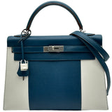 エルメス HERMES ケリー32 外縫い フラッグ □Q刻印 ブルータラサ/ホワイト シルバー金具 エプソン レディース ショルダーバッグ
