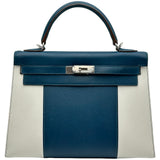 エルメス HERMES ケリー32 外縫い フラッグ □Q刻印 ブルータラサ/ホワイト シルバー金具 エプソン レディース ショルダーバッグ