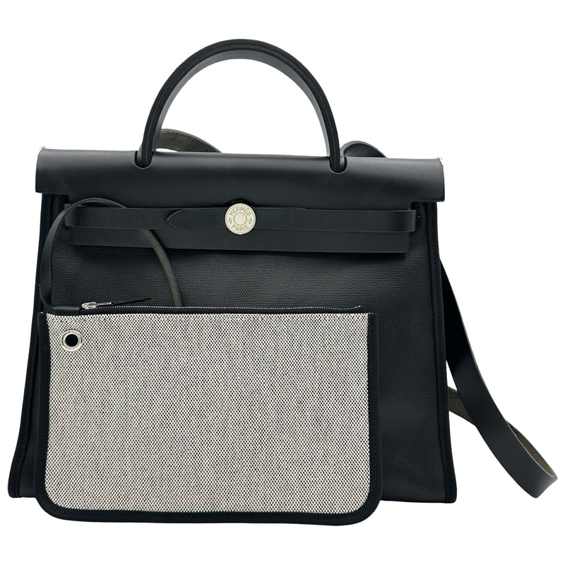 エルメス エールバッグPM黒レザー×トワルアッシュ、ブラック 替えバッグ付き エルメス HERMES エールバッグジップPM D刻印 ブラック シルバー金具