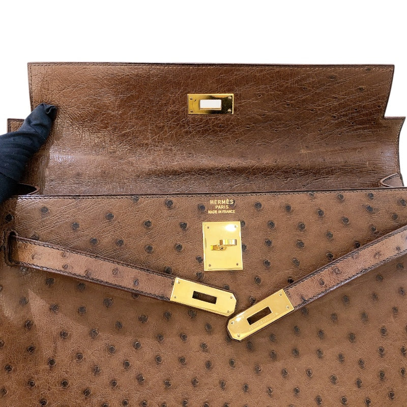エルメス HERMES ケリー35　外縫い 〇Y刻 コカオン/GD金具 オーストリッチ レディース ハンドバッグ