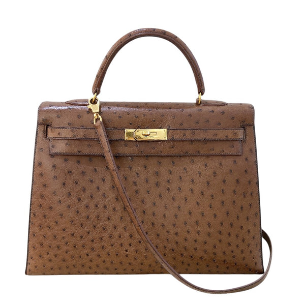 エルメス HERMES ケリー35　外縫い 〇Y刻 コカオン/GD金具 オーストリッチ レディース ハンドバッグ