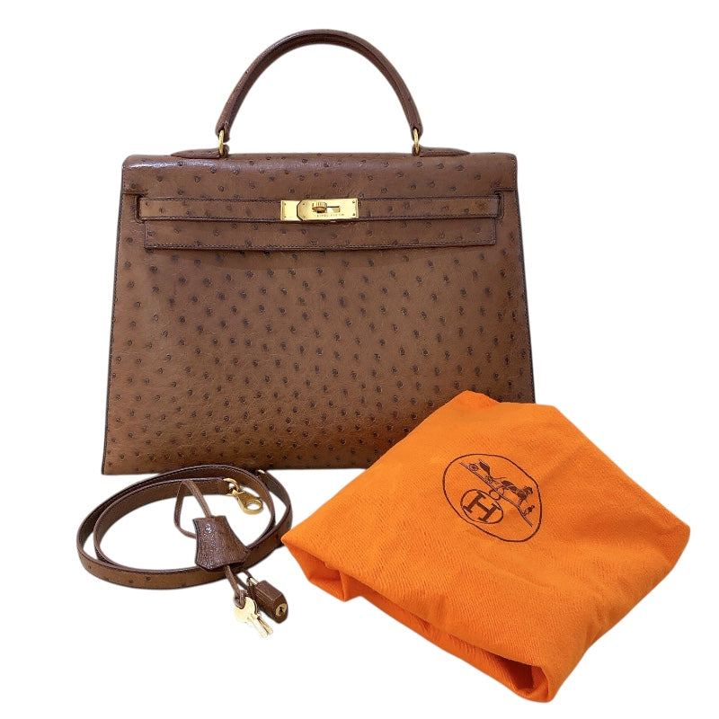 エルメス HERMES ケリー35　外縫い 〇Y刻 コカオン/GD金具 オーストリッチ レディース ハンドバッグ