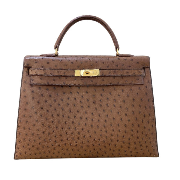 エルメス HERMES ケリー35　外縫い 〇Y刻 コカオン/GD金具 オーストリッチ レディース ハンドバッグ