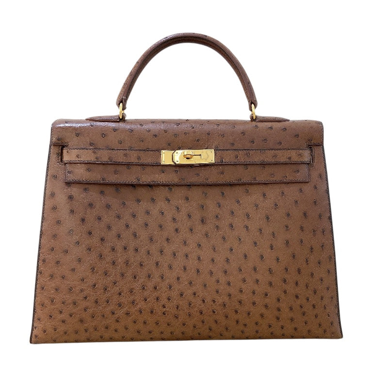 エルメス HERMES ケリー35　外縫い 〇Y刻 コカオン/GD金具 オーストリッチ レディース ハンドバッグ