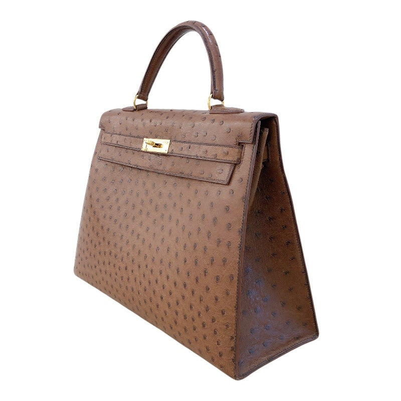 エルメス HERMES ケリー35　外縫い 〇Y刻 コカオン/GD金具 オーストリッチ レディース ハンドバッグ