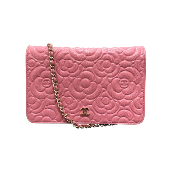 シャネル CHANEL カメリア チェーンウォレット A82336 ピンク GD金具 キャビアスキン レディース ショルダーバッグ