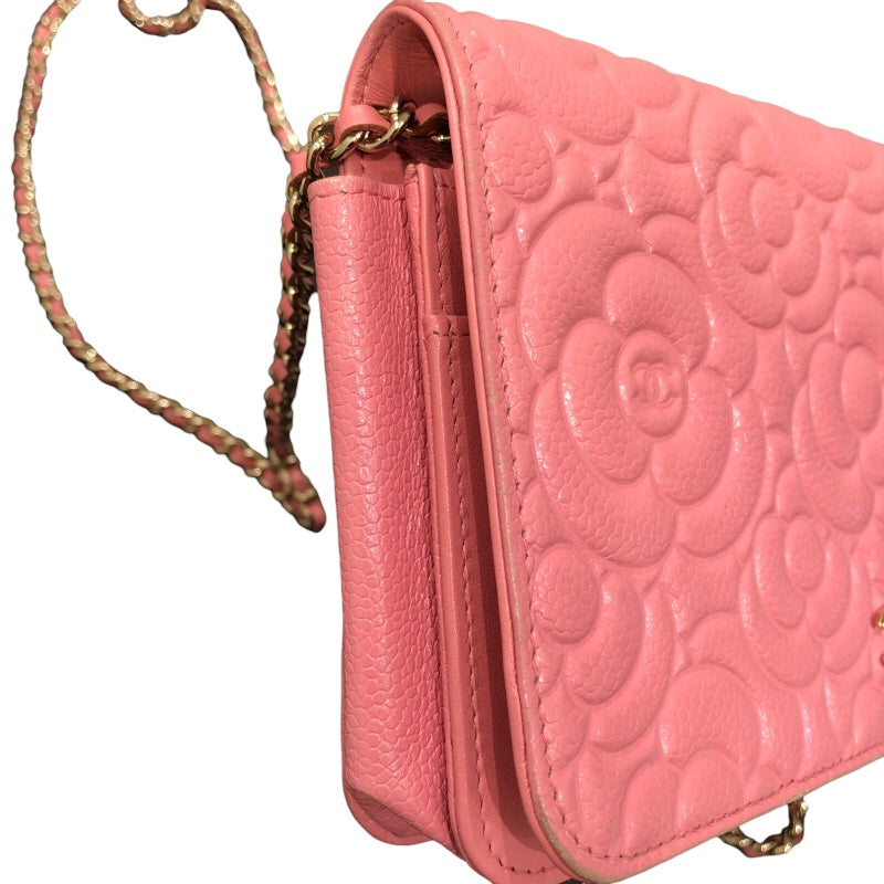 シャネル CHANEL カメリア チェーンウォレット A82336 ピンク GD金具 キャビアスキン レディース ショルダーバッグ