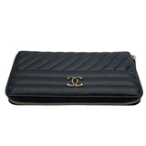 シャネル CHANEL ダイヤゴナルココマークラウンドファスナー財布 22番台 ブラック GD金具 レザー レディース 長財布