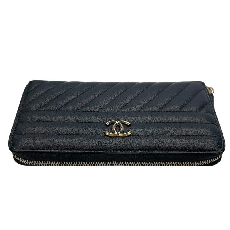 シャネル CHANEL ダイヤゴナルココマークラウンドファスナー財布 22番台 ブラック GD金具 レザー レディース 長財布
