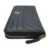 シャネル CHANEL ダイヤゴナルココマークラウンドファスナー財布 22番台 ブラック GD金具 レザー レディース 長財布