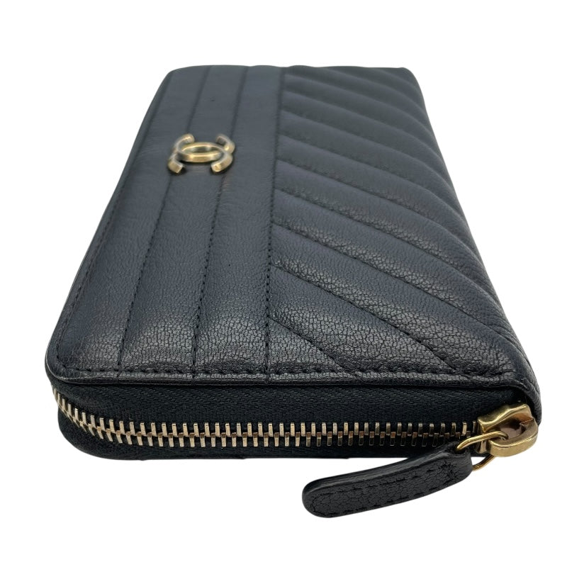 シャネル CHANEL ダイヤゴナルココマークラウンドファスナー財布 22番台 ブラック GD金具 レザー レディース 長財布