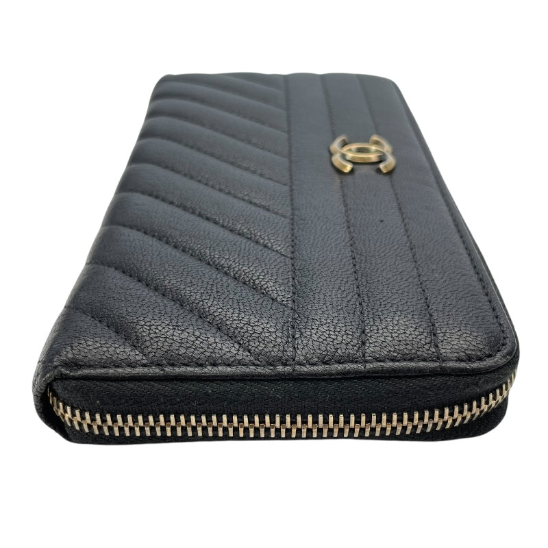 シャネル CHANEL ダイヤゴナルココマークラウンドファスナー財布 22番台 ブラック GD金具 レザー レディース 長財布