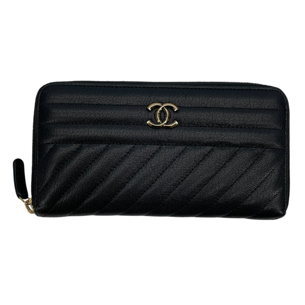 シャネル CHANEL ダイヤゴナルココマークラウンドファスナー財布 22番台 ブラック GD金具 レザー レディース 長財布