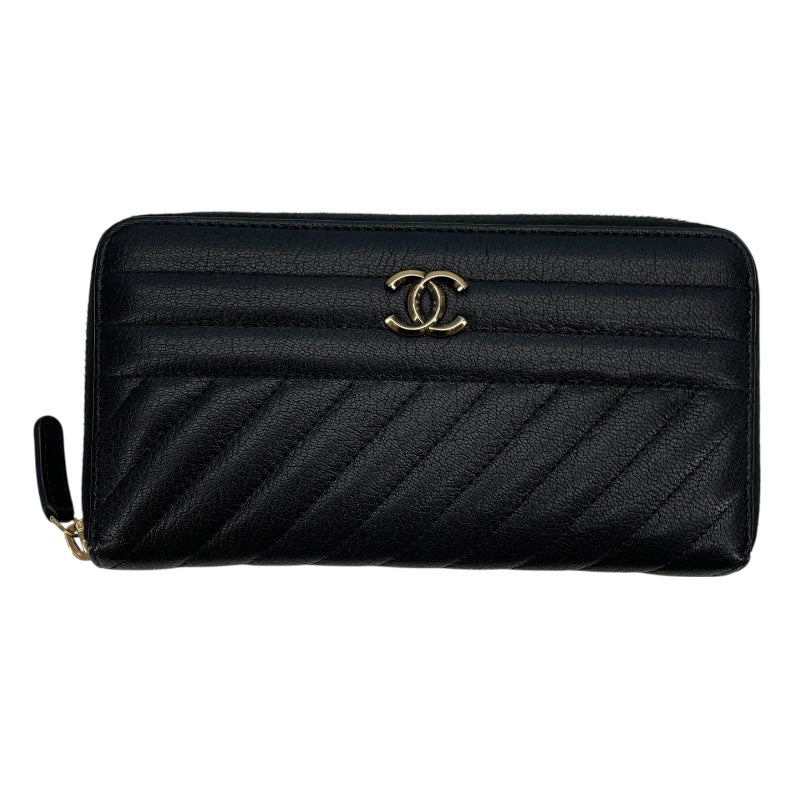 シャネル CHANEL ダイヤゴナルココマークラウンドファスナー財布 22番台 ブラック GD金具 レザー レディース 長財布