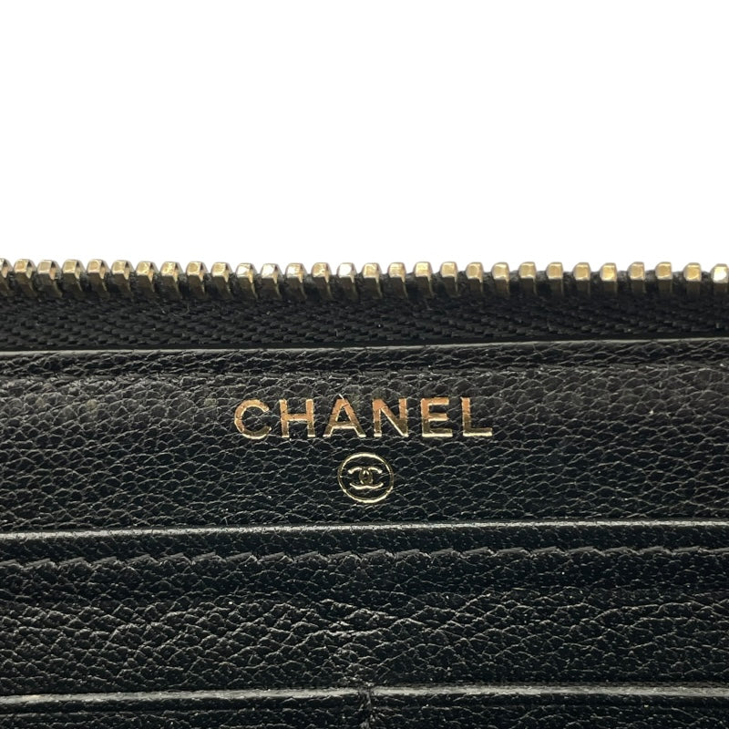 シャネル CHANEL ダイヤゴナルココマークラウンドファスナー財布 22番台 ブラック GD金具 レザー レディース 長財布