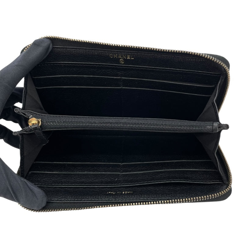 シャネル CHANEL ダイヤゴナルココマークラウンドファスナー財布 22番台 ブラック GD金具 レザー レディース 長財布