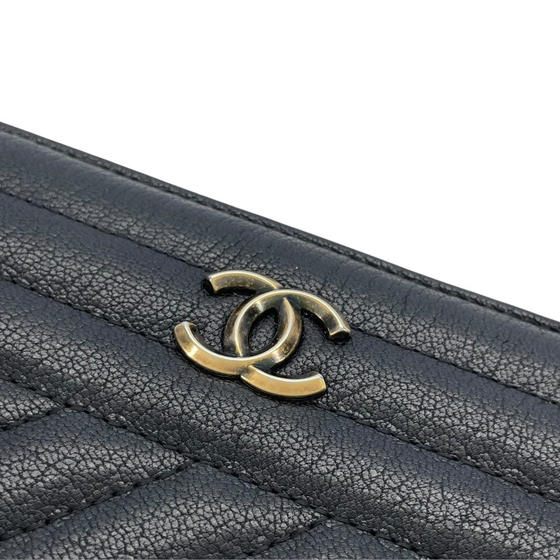 シャネル CHANEL ダイヤゴナルココマークラウンドファスナー財布 22番台 ブラック GD金具 レザー レディース 長財布