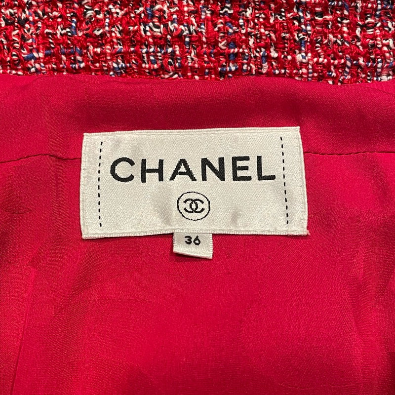 シャネル CHANEL フリルノーカラーツイードジャケット P60828 レッド コットン レディース ノーカラージャケット