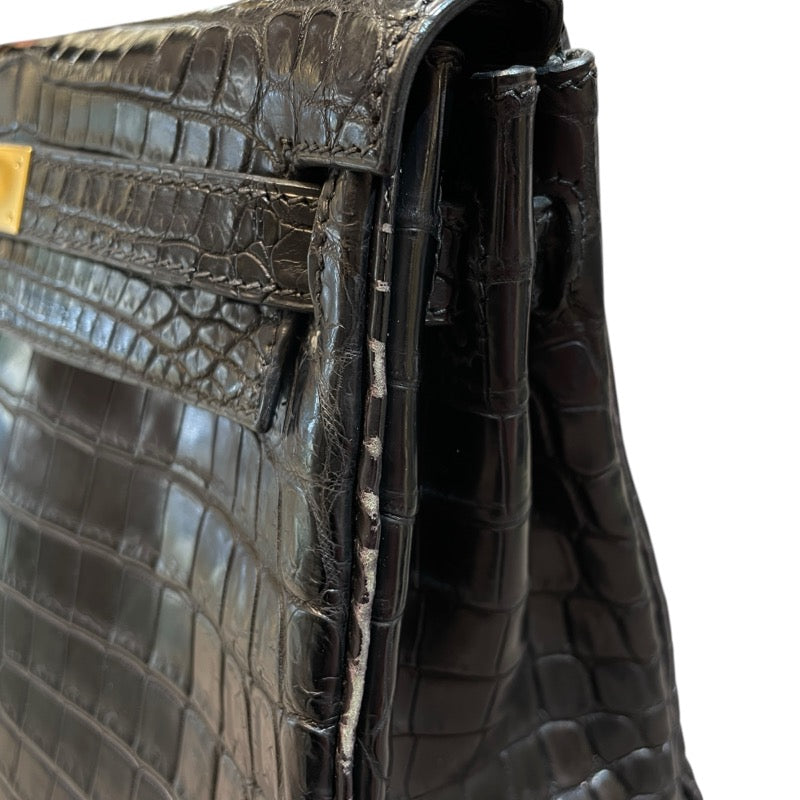 エルメス HERMES ケリー28 内縫い □G刻印 ブラック GD金具 クロコダイル ニロティカス マット レディース ハンドバッグ