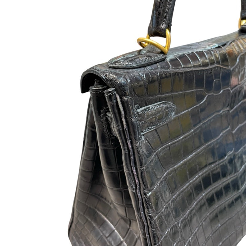 エルメス HERMES ケリー28 内縫い □G刻印 ブラック GD金具 クロコダイル ニロティカス マット レディース ハンドバッグ