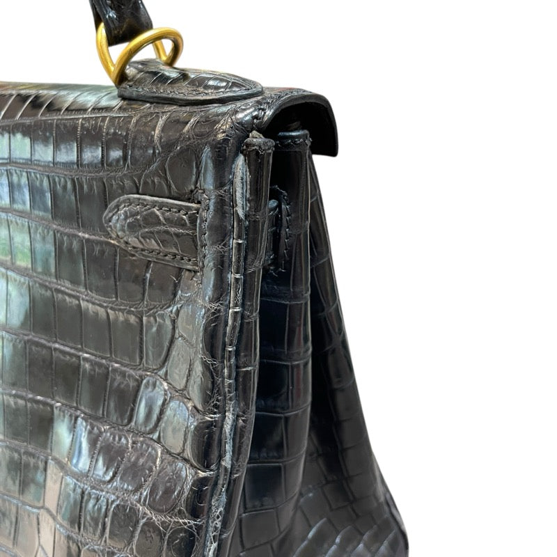 エルメス HERMES ケリー28 内縫い □G刻印 ブラック GD金具 クロコダイル ニロティカス マット レディース ハンドバッグ