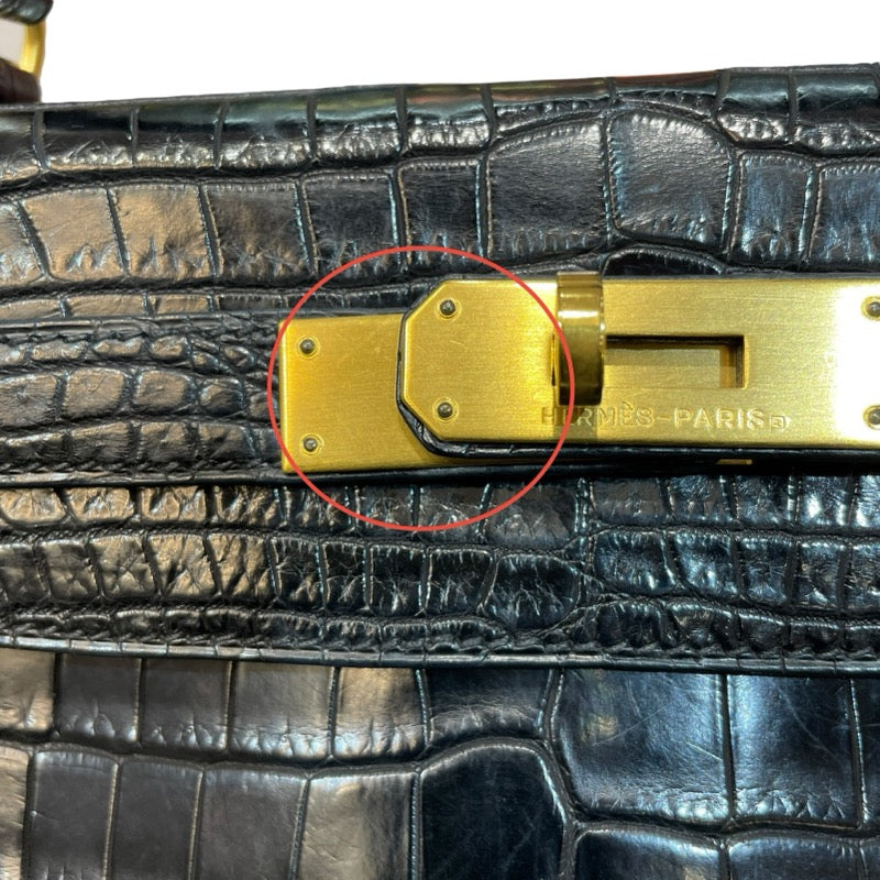 エルメス HERMES ケリー28 内縫い □G刻印 ブラック GD金具 クロコダイル ニロティカス マット レディース ハンドバッグ