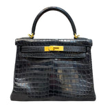 エルメス HERMES ケリー28 内縫い □G刻印 ブラック GD金具 クロコダイル ニロティカス マット レディース ハンドバッグ