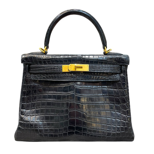 エルメス HERMES ケリー28 内縫い □G刻印 ブラック GD金具 クロコダイル ニロティカス マット レディース ハンドバッグ