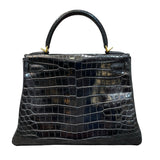 エルメス HERMES ケリー28 内縫い □G刻印 ブラック GD金具 クロコダイル ニロティカス マット レディース ハンドバッグ