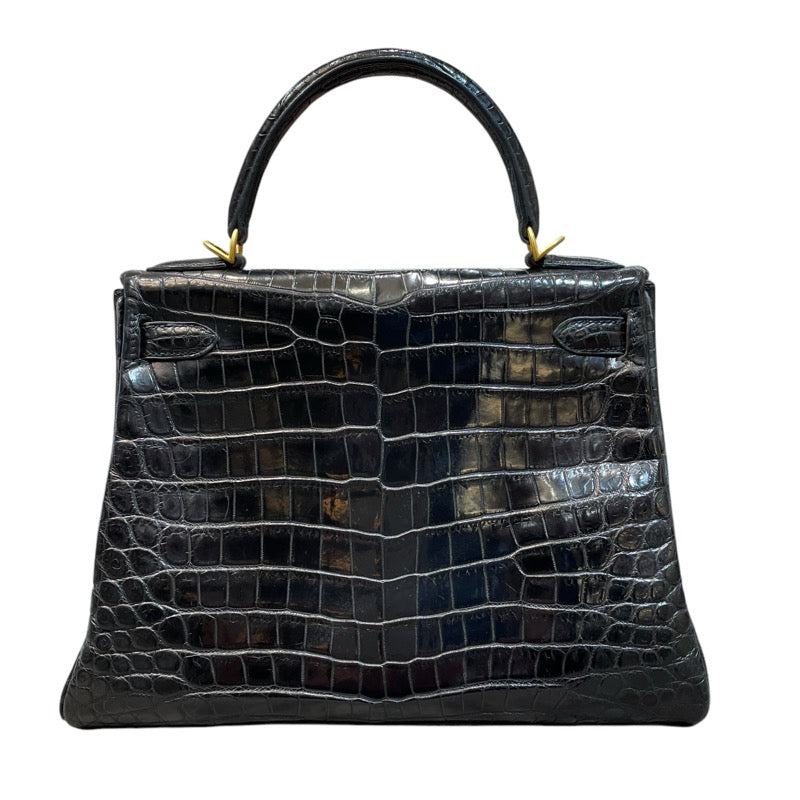 エルメス HERMES ケリー28 内縫い □G刻印 ブラック GD金具 クロコダイル ニロティカス マット レディース ハンドバッグ