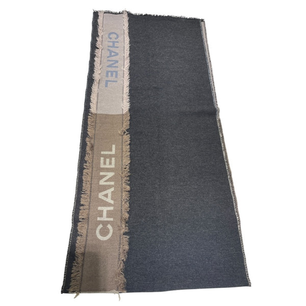 シャネル CHANEL 大判ストール グレー×ブルー×ベージュ カシミア×シルク×ウール ユニセックス スカーフ