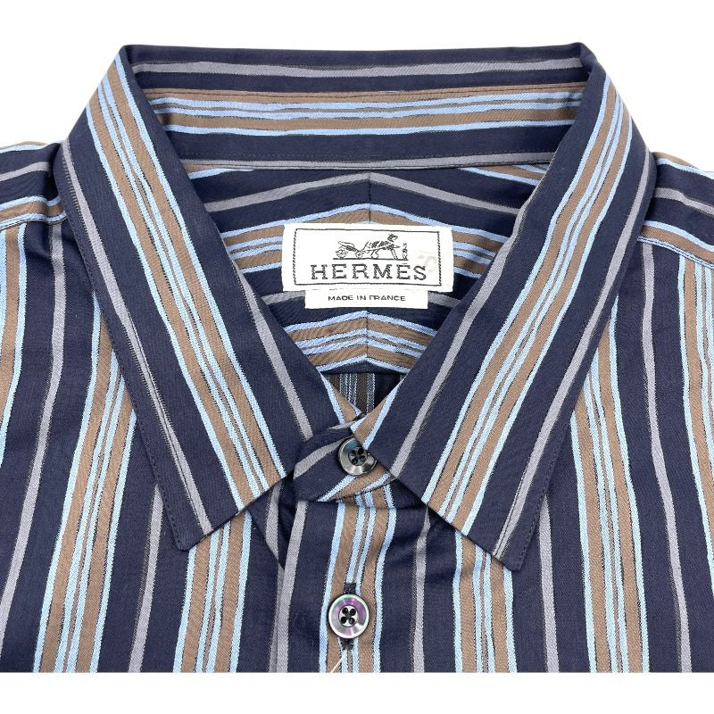 エルメス HERMES ストライプ長袖シャツ ネイビー コットン メンズ 長袖