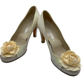 シャネル CHANEL カメリア装飾グリッターパンプス ベージュ レザー レディース パンプス