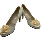 シャネル CHANEL カメリア装飾グリッターパンプス ベージュ レザー レディース パンプス